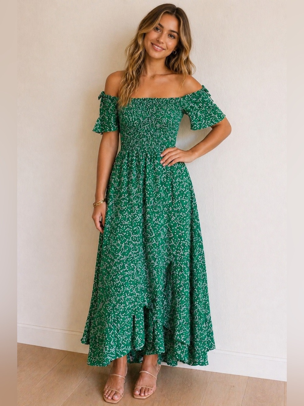 NWT Lulus Green Floral Off Shoulder Maxi Dress XS